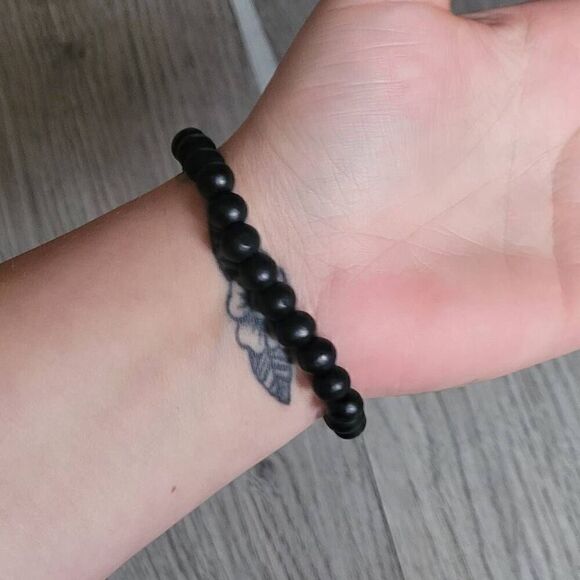 Black round‎ beaded bracelet stretchy elastic - Picture 2 of 5